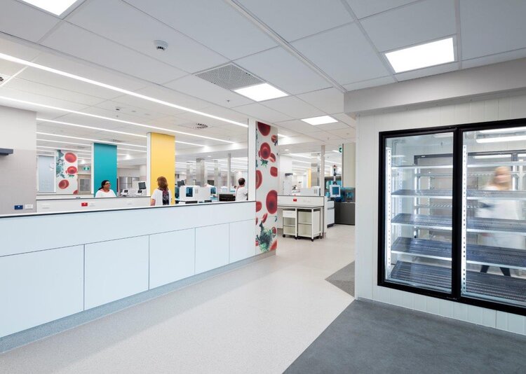 Fundermax Middlemore Hospital Labor aus Max Compact Interior in den Dekoren 0085, 0706, 0647, 0056 sowie der Oberfläche FH