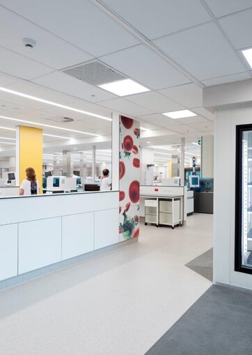 Fundermax Middlemore Hospital Labor aus Max Compact Interior in den Dekoren 0085, 0706, 0647, 0056 sowie der Oberfläche FH