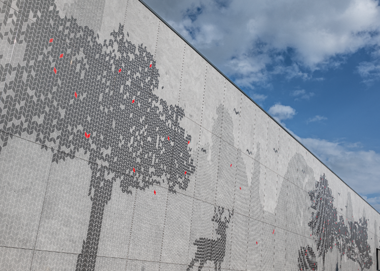 Fundermax Fassade Produktionshalle aus Max Compact Exterior im Dekor ID